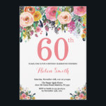 Floral 60th Birthday Invitation Pink Kaart<br><div class="desc">Floral 60th Birthday Invitation for Women. Waterverf bloem. Roze, geel, Oranje, Paars ventilator. Volwassen verjaardag. 30e 40e 50e 60e 70e 90e 100e 13e 15e 16e 18e 20e 21e elke leeftijd. Voor verdere aanpassing, te klikken gelieve de knoop "van de Aanpassing het"en ons ontwerphulpmiddel te gebruiken om deze sjabloon te wijzigen....</div>