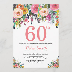 Floral 60th Birthday Invitation Pink Kaart