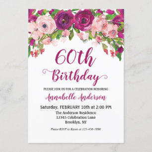 Floral 60th Birthday Paars Pink Waterverf Modern Kaart