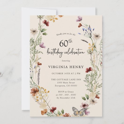 Floral 60th Birthday Party Invitation Kaart (Voorkant)