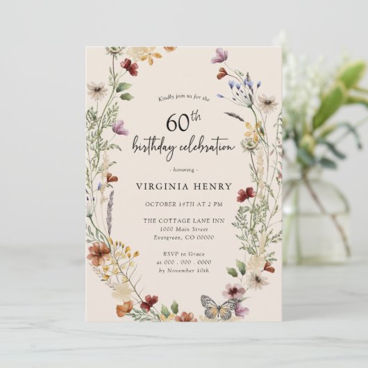 Floral 60th Birthday Party Invitation Kaart (Staand voorkant)