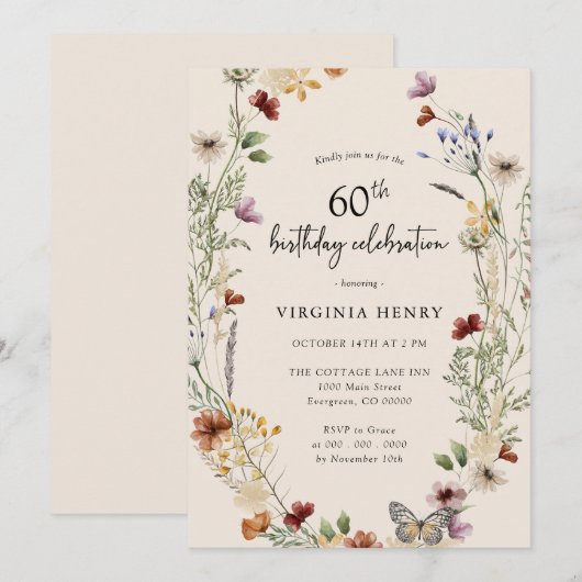 Floral 60th Birthday Party Invitation Kaart (Voorkant / Achterkant)