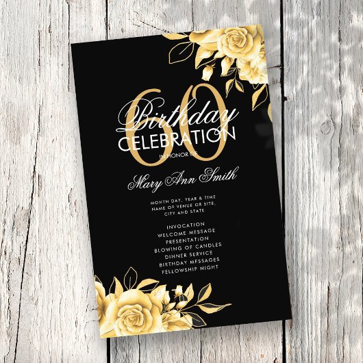 Floral 60th Birthday Program Gold & Black met menu