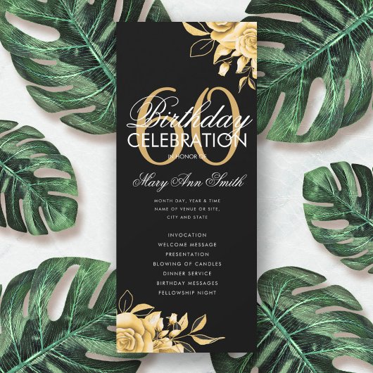 Floral 60th Birthday Program Gold & Black met menu Kaart