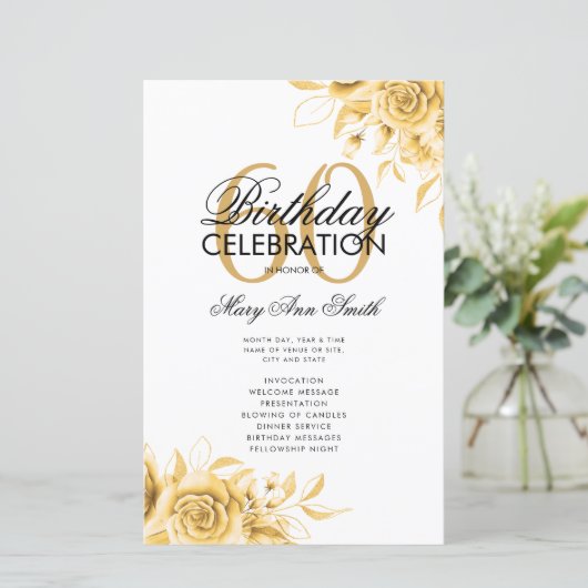 Floral 60th Birthday Program Gold met Menu (Staand voorkant)