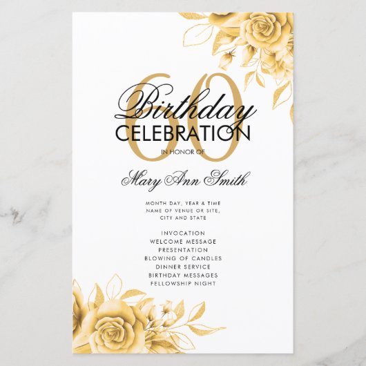 Floral 60th Birthday Program Gold met Menu (Voorkant)