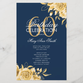 Floral 60th Birthday Program Gold & Navy met Menu