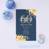 Floral 60th Birthday Program Gold & Navy met Menu (Enkel)