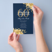 Floral 60th Birthday Program Gold & Navy met Menu (Hand)