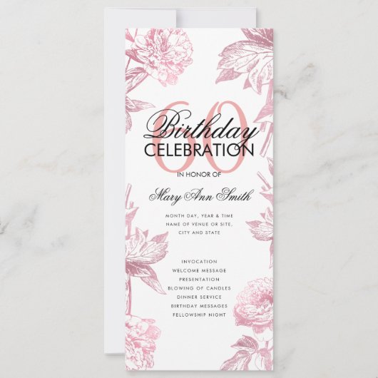 Floral 60th Birthday Program Roos Gold Menu Kaart (Voorkant)