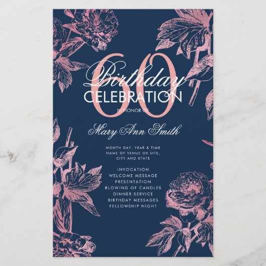 Floral 60th Birthday Program Roos Gold Navy Menu (Voorkant)