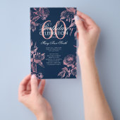 Floral 60th Birthday Program Roos Gold Navy Menu (Hand)