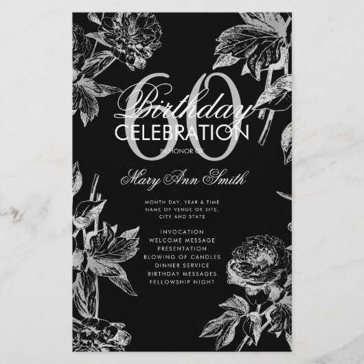 Floral 60th Birthday Program Silver Black Menu (Voorkant)