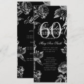Floral 60th Birthday Program Silver Black Menu Kaart (Voorkant / Achterkant)