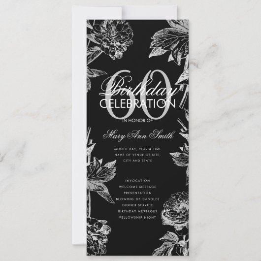 Floral 60th Birthday Program Silver Black Menu Kaart (Voorkant)