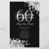 Floral 60th Birthday Program Silver Black met Menu (Voorkant)