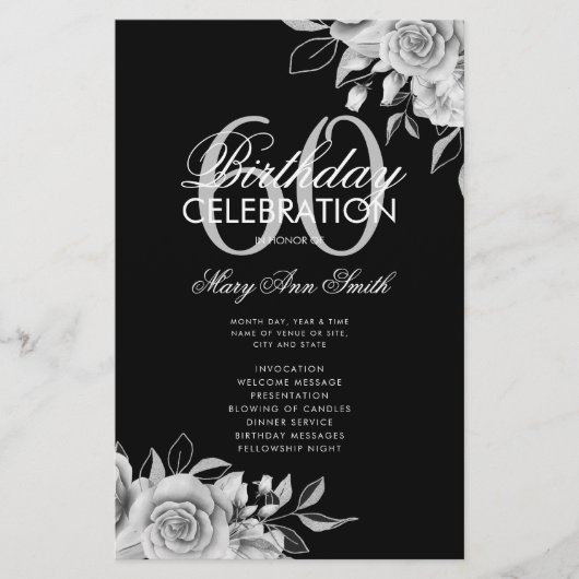 Floral 60th Birthday Program Silver Black met Menu (Voorkant)