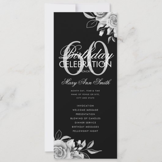 Floral 60th Birthday Program Silver Black met Menu Kaart (Voorkant)