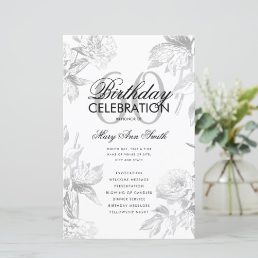 Floral 60th Birthday Program Silver Menu (Staand voorkant)