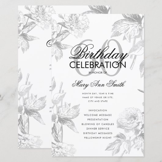 Floral 60th Birthday Program Silver Menu (Voorkant / Achterkant)