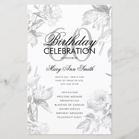 Floral 60th Birthday Program Silver Menu (Voorkant)