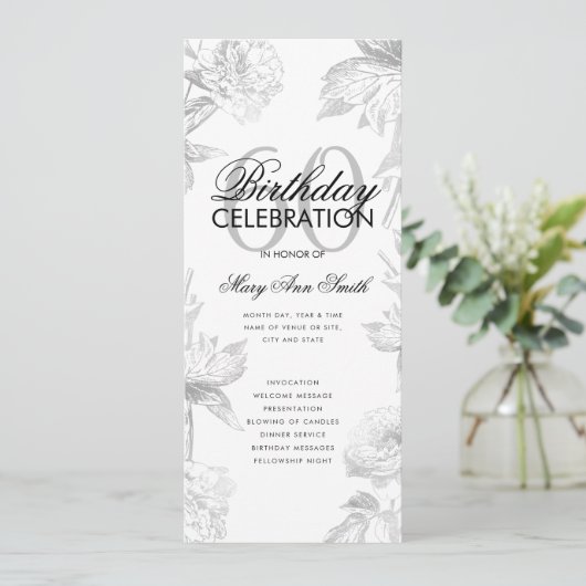 Floral 60th Birthday Program Silver Menu Kaart (Staand voorkant)