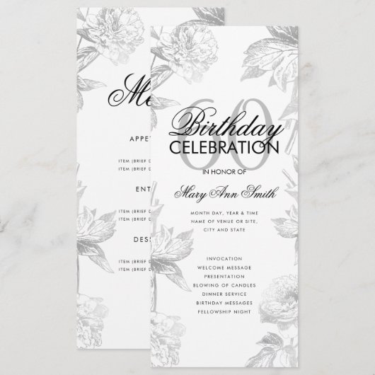 Floral 60th Birthday Program Silver Menu Kaart (Voorkant / Achterkant)