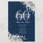 Floral 60th Birthday Program Silver met Menu Navy (Voorkant / Achterkant)