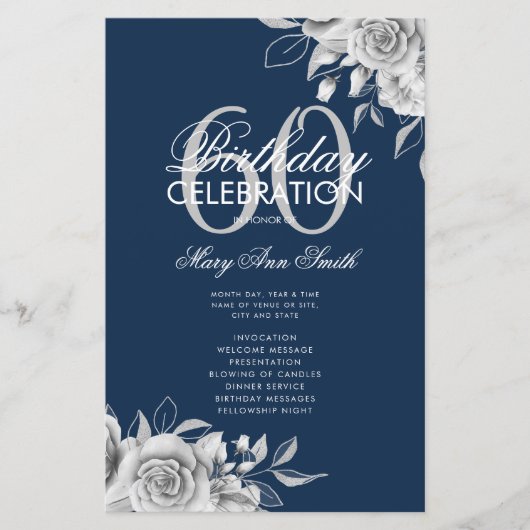 Floral 60th Birthday Program Silver met Menu Navy (Voorkant)
