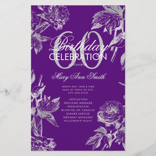 Floral 60th Birthday Program Silver Paars Menu (Voorkant)
