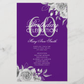 Floral 60th Birthday Program Silver Paars met Menu (Voorkant)