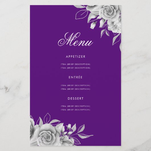 Floral 60th Birthday Program Silver Paars met Menu (Achterkant)