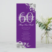 Floral 60th Birthday Program Silver Paars met Menu Kaart (Staand voorkant)