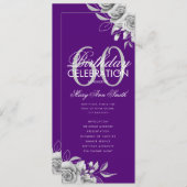 Floral 60th Birthday Program Silver Paars met Menu Kaart (Voorkant / Achterkant)