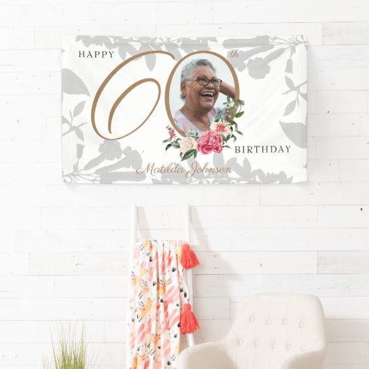 Floral 60th Birthday White Gold Chic - aangepaste  Spandoek (Insitu)