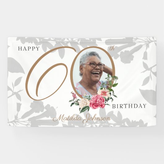 Floral 60th Birthday White Gold Chic - aangepaste  Spandoek (Horizontaal)