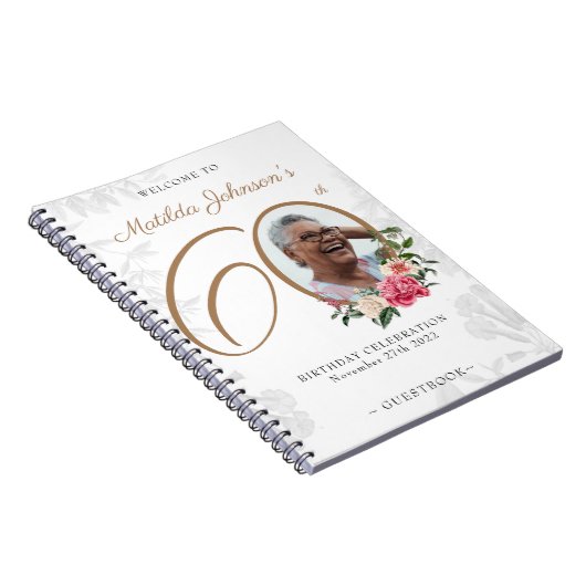Floral 60th Birthday White Gold Photo Guestbook Notitieboek (Rechterzijde)