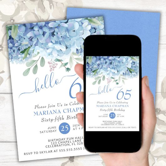 Floral 65th Birthday Blue Hydrangeas Waterverf Kaart