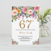 Floral 67e verjaardag uitnodiging Gold Glitter (Staand voorkant)