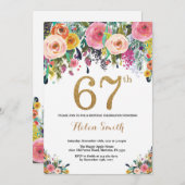 Floral 67e verjaardag uitnodiging Gold Glitter (Voorkant / Achterkant)
