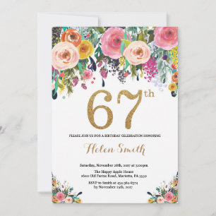 Floral 67th Birthday Invitation Gold Glitter Kaart