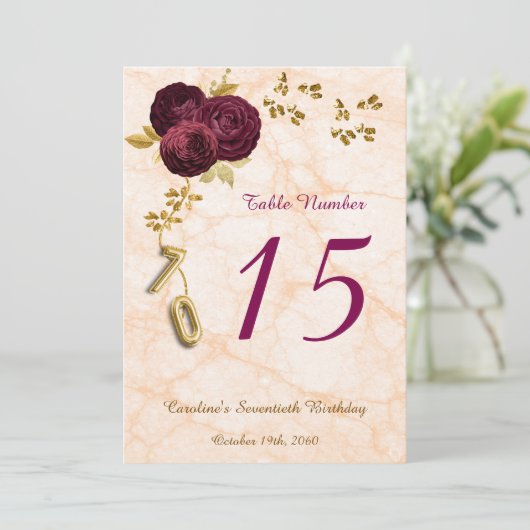 Floral 70 Birthday, Gold Foil Balloon Table Number Feestdagenkaart (Staand voorkant)