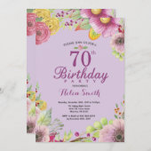 Floral 70e verjaardag Paarse uitnodiging voor vrou (Voorkant / Achterkant)