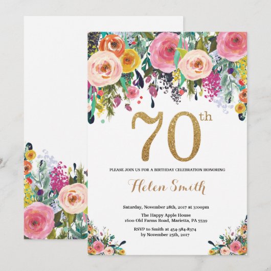 Floral 70e verjaardag uitnodiging Gold Glitter (Voorkant / Achterkant)