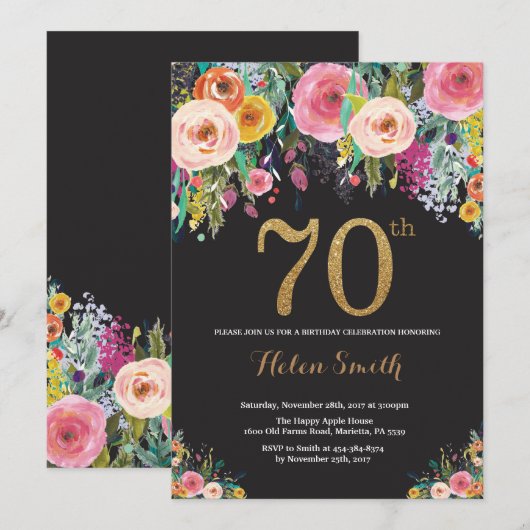Floral 70e verjaardag uitnodiging Gold Glitter (Voorkant / Achterkant)