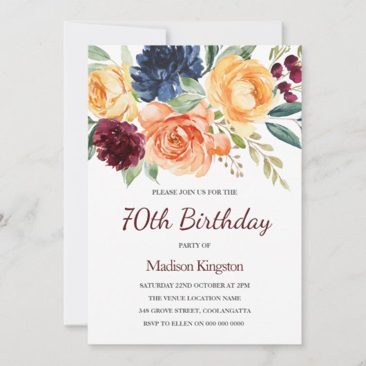 Floral 70e verjaardag van de Waterverf Burgundy &  Kaart (Voorkant)