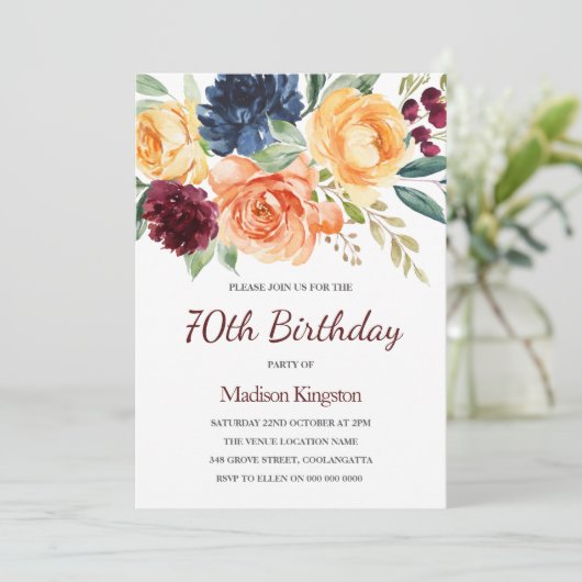 Floral 70e verjaardag van de Waterverf Burgundy &  Kaart (Staand voorkant)