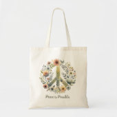 Floral 70s Retro "Peace & Love" Vredesbord Tote Bag (Voorkant)