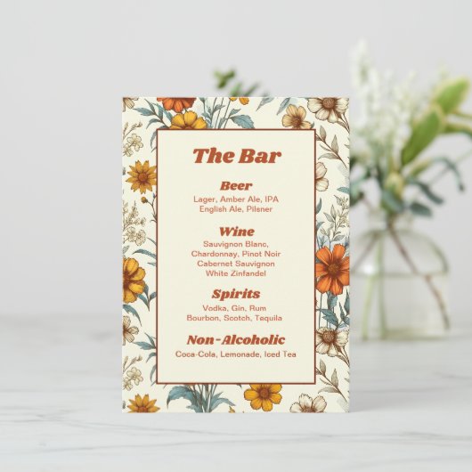 Floral 70s Tijdloze bruiloft Bar Menu (Staand voorkant)