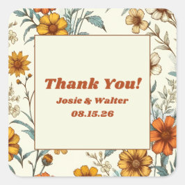  Floral 70s Tijdloze bruiloft dank u Vierkante Sticker